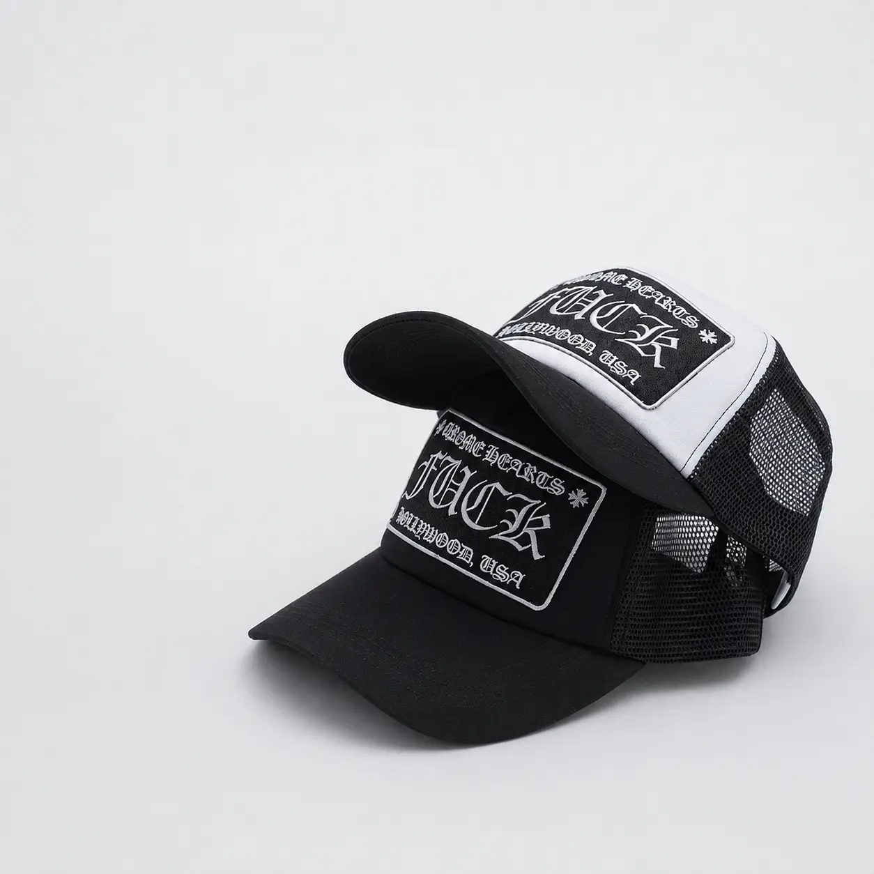 Chrome Hearts Gothic Trucker Hat for Men & Women, Black and White Embroidered Patch Mesh Snapback Cap, Adjustable Curved-Brim Biker Streetwear Baseball Hat