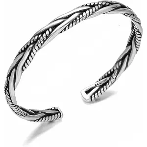Men Silver Cuff Bracelet Jewelry Retro Twisted Braided Open Bracelet