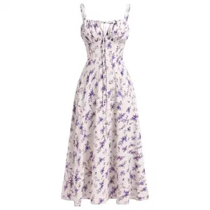 Women Floral Corset Dress Summer Spaghetti Straps Square Neck Casual High Waist Split Casual Beach Dresses, Milkmaid Dress, Womenswear Comfort Fashion Bohemian Boho