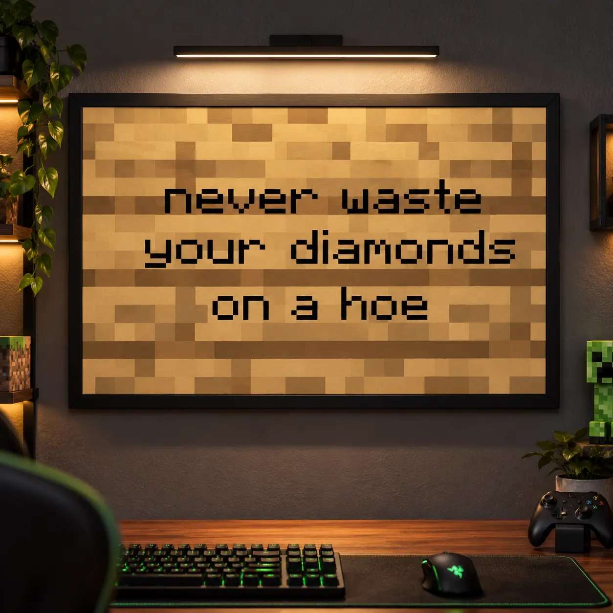 Never Waste Your Diamonds on a Hoe Funny Gaming Canvas Wall Art Poster, Retro Pixel Art Video Game Inspired Quote Print, Funny Gamer Room Decor, Pixelated Wooden Sign Style Artwork for Bedroom Gaming Room Man Cave, Gamer Gift