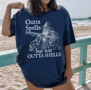 Funny Wizard Gun Shirt, Vintage Outta Spells But Not Outta Shells Tees, Dark Humor Fantasy Shirts, Retro Wizard Graphic Tee