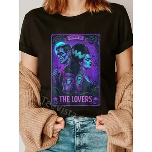 100% Cotton The Monster Frankenstein And Bride The Lovers Tarot Card T-Shirt