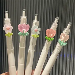 5Pcs Tulip Flower Gel Rollerball Pens, Medium 0.5mm, Quick Drying Plastic Writing Pens, School and Office Supplies