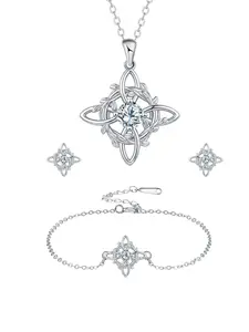 Good Luck Wreath Witches Knot Geometric Pattern Vintage Jewelry Set, Jewellery Gift Set for Women, Witch Pendant Necklace Bracelet Earrings, Hypoallergenic Piercing Studs for Sensitive Ears, Amulet Jewelry for Women, Sensitive Skin