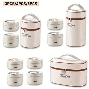 3pcs/ 4pcs/ 5pcs Insulated Bento Box Portable Stainless Steel Food Container Round Microwave Safe Stackable Leakproof Thermal Food Container for Adult Men Women with Insulated Bag
