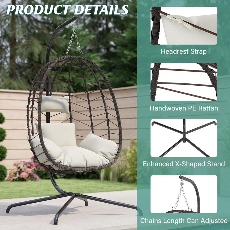 Hanging Egg Chair with Stand – Handwoven Rattan Patio Swing with Cushion, 350lb Capacity – Indoor/Outdoor Chic for Patio, Garden & Poolside