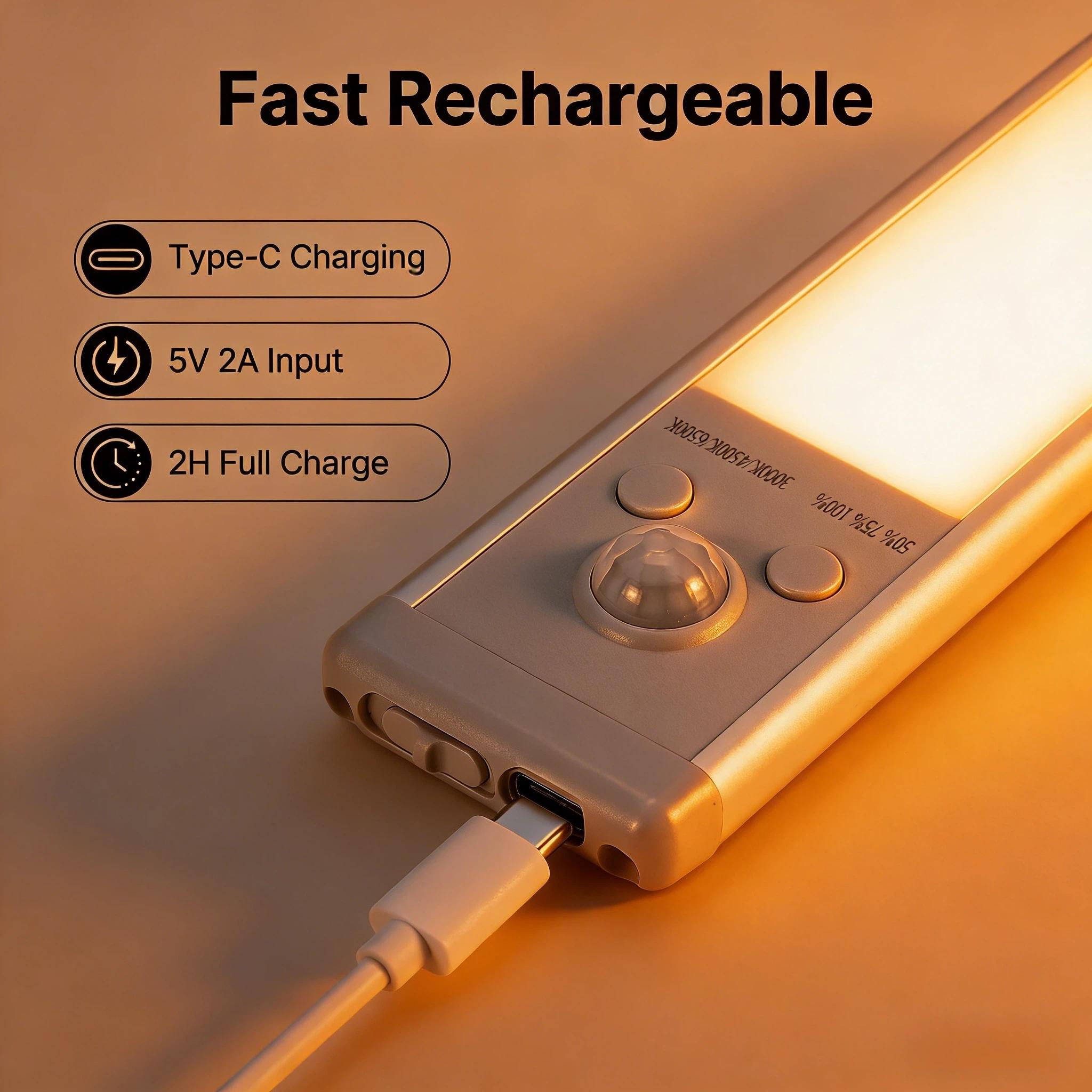 Motion Sensor Under Cabinet Light Rechargeable Wireless LED Closet Light Long Battery Life Stick On Night Lights for Kitchen Wardrobe Stair Hallway Bedroom 3000K Warm White No Flicker No Glare
