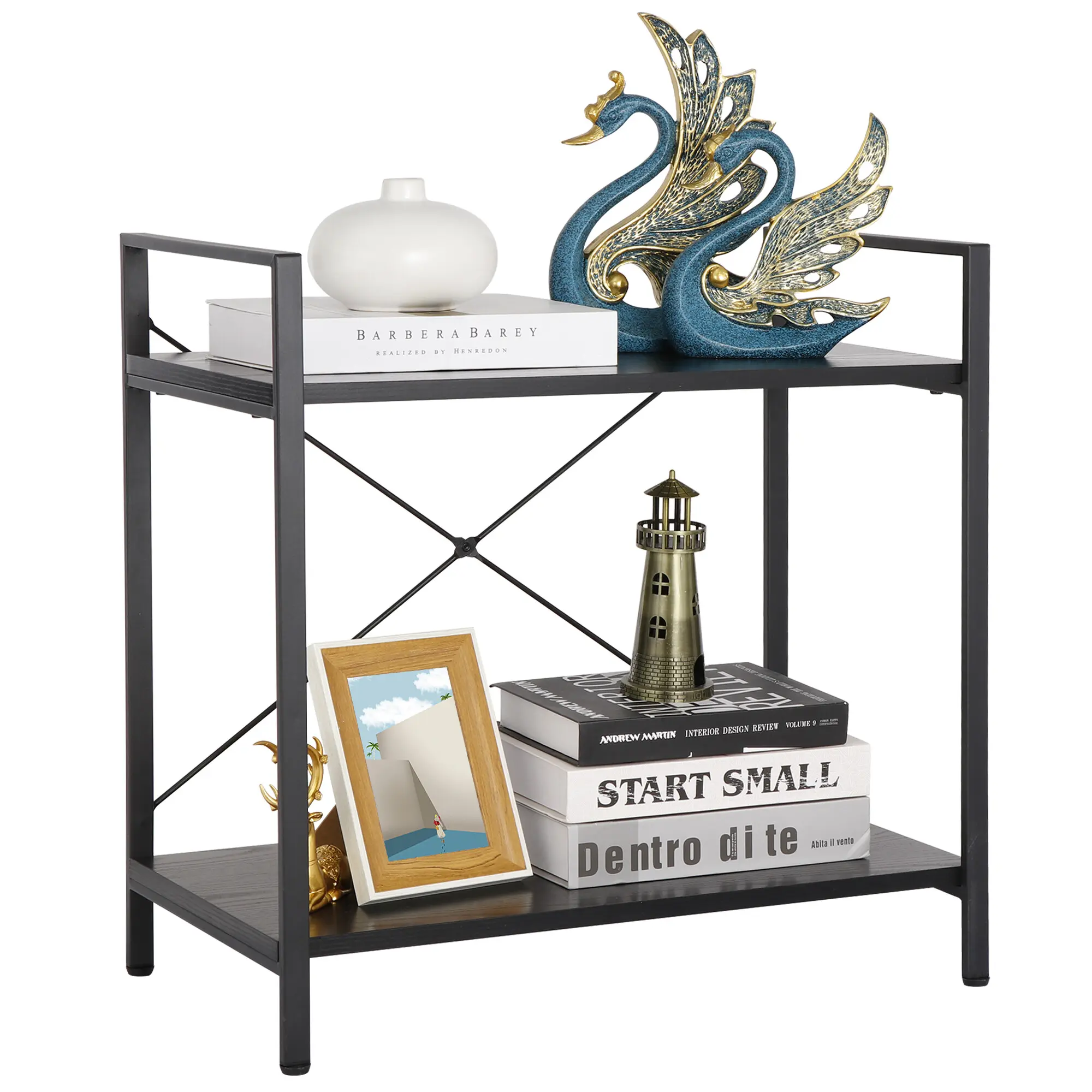 Zeny Industrial 2-Shelf Metal Bookshelf - MDF & Steel Frame Furniture with X-Bracing, Bookshelf Accessory for Indoor Display and Storage