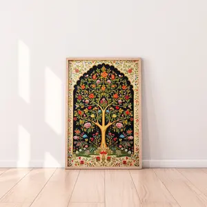 Indian Floral Art Print, Indian Vintage Art, Folk Prints, Tree of Life, Pichwai Painting, Indian painting, Indian Wall Art, Floral Art Print