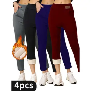 Fashion Women's Thermal Fleece Lined High Waisted Leggings Solid Color Knit Fabric Warm Comfort Fit for Fall Winter Bottoms 4pcs PackGift