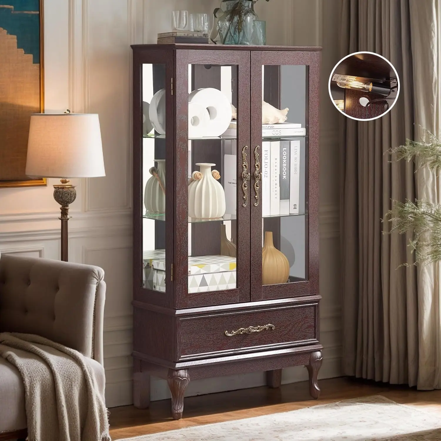 52" Modern Rectangular Lighted Accent Curio Cabinet, 3-Tier Antique Single Unit Storage Cupboard with Tempered Glass Adjustable Shelves, Drawer, Acrylic Panel, Bulb Included, Requires Assembly (Cherry)