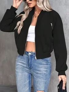 Women's Plain Color Zipper Casual Flight Jacket Coats, Woven, Fitted Style, All Seasons Wear, Fashionable Ladies Outerwear