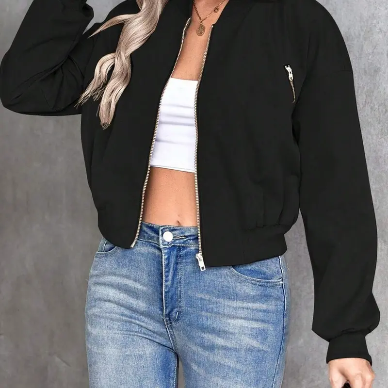 Women's Plain Color Zipper Basic Casual Flight Jacket Coats, Long Sleeve Tops, Woven, Fitted Style, All Seasons Wear, Fashionable Aesthetic Ladies Outerwear, Casual Comfy Jacket