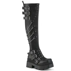 Demonia Wrath-310 Square-Toe Platform Over-The-Knee Boot Featuring Ornamental Shield