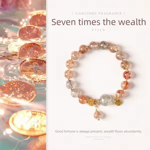 [Wealth Luck] crystal bracelet, black gold super seven, unisex, daily wear gift, natural stone sand gold accents, wealth good luck symbol