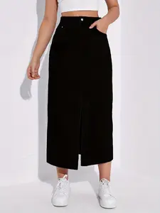 Women's High-Waisted Straight-Leg Split Denim Skirt, Slim Fit Long Solid Color Casual Design, All-Season Everyday Wearable Fashion Piece