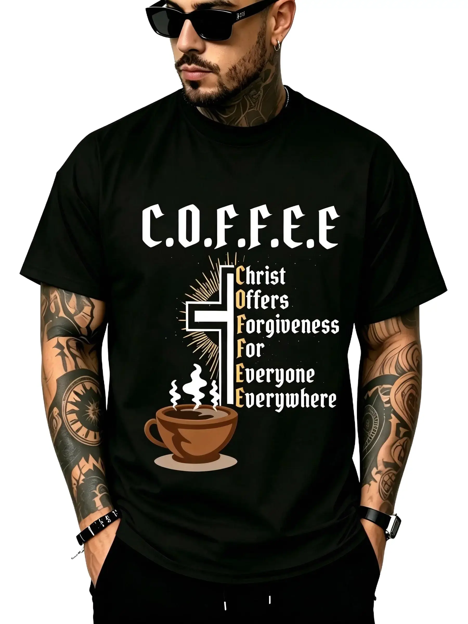 C.O.F.F.E.E "Christ Offers Forgiveness For Everyone Everywhere" Christian Coffee T-Shirt - Soft Breathable Cotton Crew Neck Short Sleeve, All-Season Summer Spring Casual, Great for Daily Wear & Church Style, Machine Washable