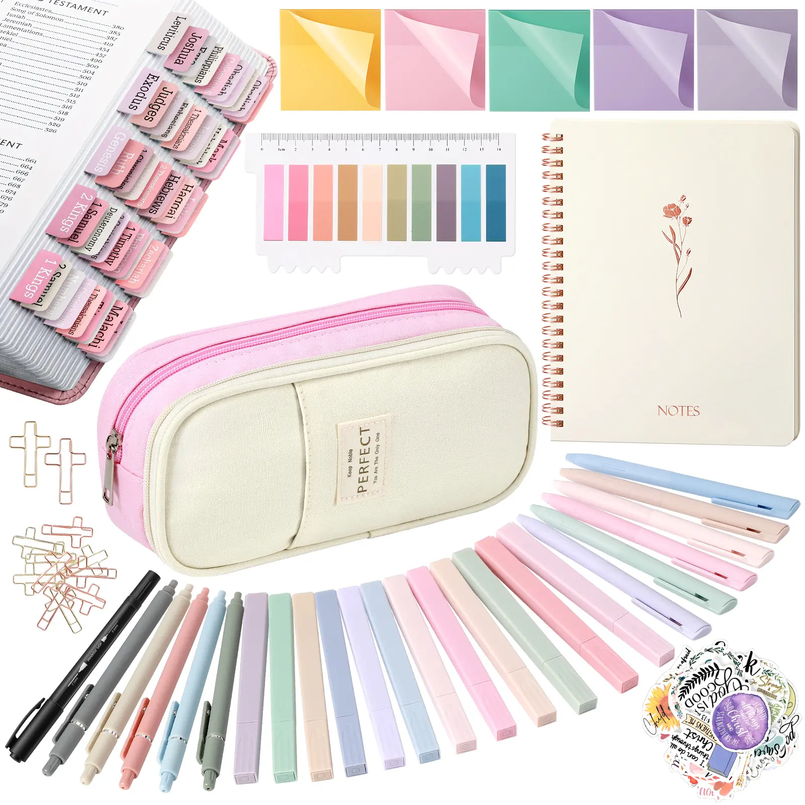 Bible Journaling Kit, Aesthetic Pastel No Bleed Highlighters & Pens, Bible Tabs, Spiral Notebook, Pencil Case, Cross Paperclips, Stickers, Complete Bible Study Stationery Supplies, Christian Gift for Women, Teens, College School Journal Kit
