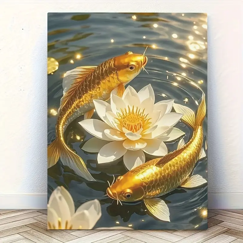 2D 1pc wooden-framed canvas printed decorative painting Koi Carp & for Lotus Framed Canvas Art - Elegant Golden Koi Fish on Water Lily, 11.81x15.75inch, Vertical Wood Frame, Ideal for Living Room, Bedroom, Hallway Decor, Perfect Holiday Gift, Living