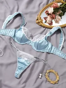 Valentine's Day New Women's Sexy Elegant Lingerie Two-Piece Set, Light Blue Satin Lace French Sweetheart Bra Buckle Panty Set, Triangle Cup Underwear