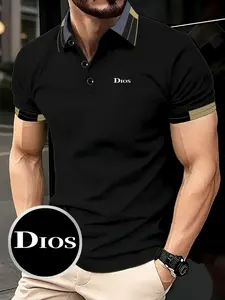 Hh2118 Paris Logo Print Men's Fitted Polo Shirt, Elastic Casual Breathable Four-Season Comfortable Durable High-End Polo Top