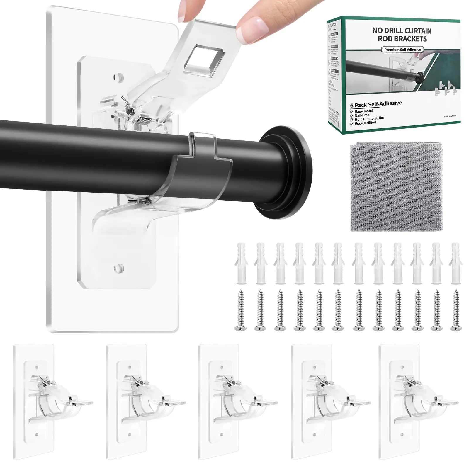 6Pcs Large Adhesive Curtain Rod Holder Hooks - No-Drill Adjustable Wall Brackets for Curtains, Towels, Home Storage (Black/Transparent)