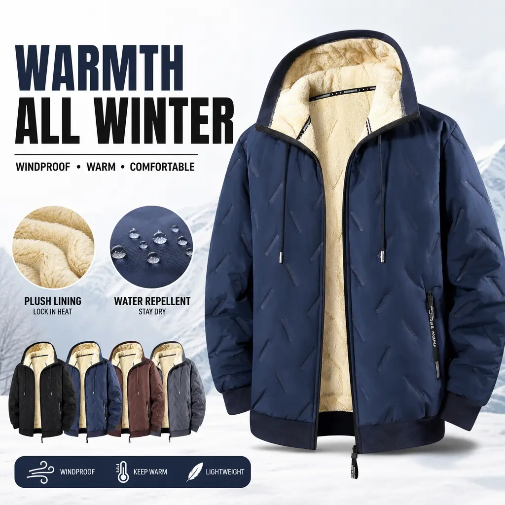 Men’s high-quality windproof winter jacket with fleece lining, featuring a zip closure and hood design, elastic cuffs and hem—warm and suitable for hiking, camping, cycling, fishing, and commuting.