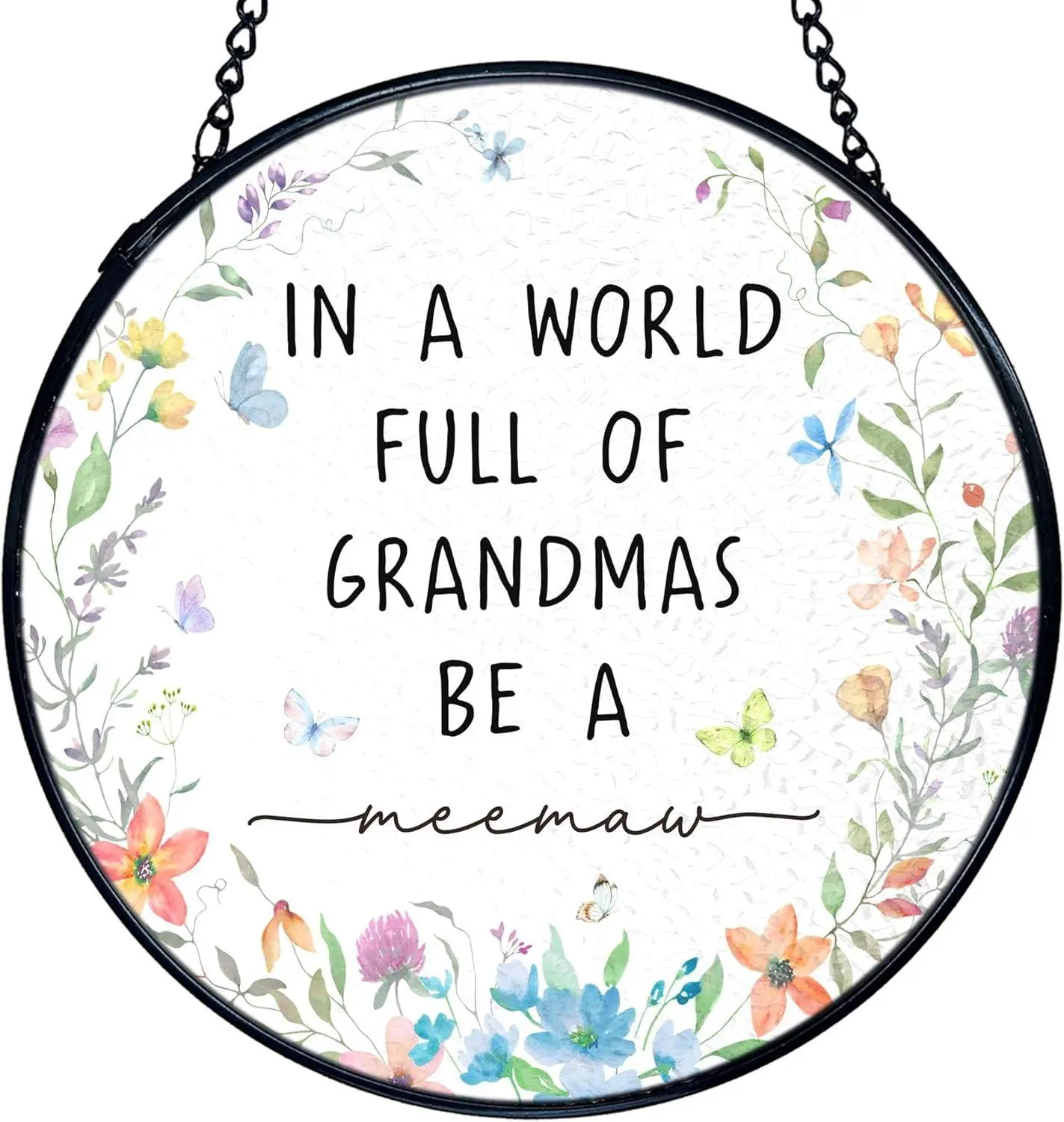 [Made in US] TNUW Meemaw Grandma Flower Stained Glass Window Hanging, Mother's Day Meemaw Gifts Sun Catchers Indoor Window Glass Round Wall Art Decor, Grandma Gifts Wall Hanging Decorations, 7.9＂x7.9＂