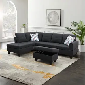 Black Grey Linen Living Room Sofa Set