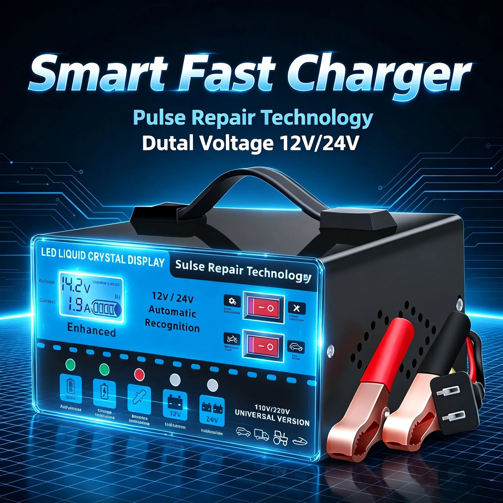 12V&24V Auto Battery Charger with LCD Display Intelligent Universal Pulse Charge & Auto Stop - Fast Charging Pulse Repair, Temperature Compensation, Overvoltage/Overheat/Short Circuit/Reverse Polarity Protection Heavy Duty Portable Charger