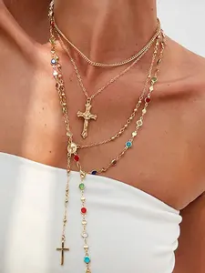 1/4pcs Vintage Metal Jesus Cross Pendant Y-Shaped Long Necklace set, Boho Style Colorful Artificial Crystal Pendant Necklace Set, Suitable For Women Daily And Vacation Wear, Holiday Gift For Friends (Crystal Color Random)
