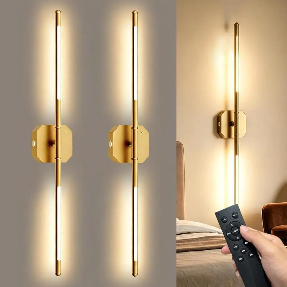 Rechargeable Wall Sconces, 2 Pack, 360° Dual Bars, 23-Inch Gold