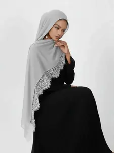 Fashionable Long Lace Edge Women's Outdoor Breathable Scarf, Hijab Modesty Spring Summer Headscarf Shawl, Daily Wear Clothing Accessory Gift