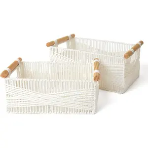 Wicker Storage Baskets for Organizing, Recycble Paper Rope Basket with  Handles, Decorative Hand Woven Basket Organizers for Makeup Books Shelves Living Room, White, Set of 2