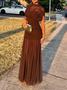 Women's Summer Long Dress Chocolate Brown Mesh Ruched Midi Dress Sleeveless Mock Neck Design Elegant Trendy 2025 new Evening Party Outfit Pleated Hem Women’s Fashion Chiffon Lace Dress