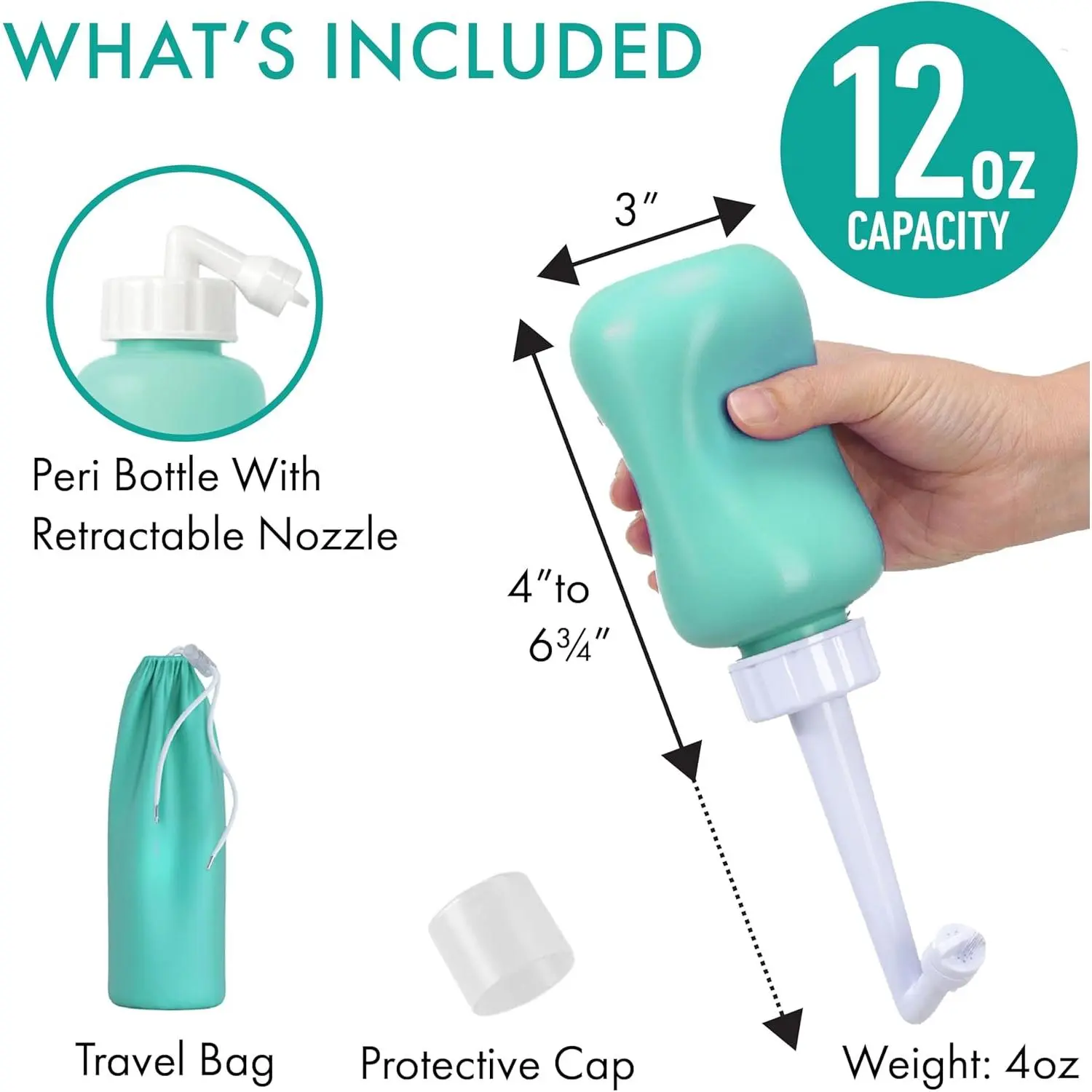 Portable Bidet for Postpartum Perineal Care & Baby Showers, 12 oz Handheld Peri Bottle with Retractable 10-Hole Angled Tip Nozzle, Waterproof Bag, 10 Holes Angle Nozzle, Travel-Friendly