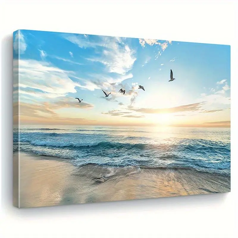 Beach Sunset Seascape Canvas Wall Art with Wooden Frame - Ideal for Living Room, Bedroom, Kitchen, and Office Decor - Perfect Christmas Gift, Home Decoration, Suitable for Her and Him, Room Decoration