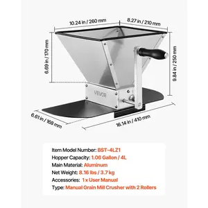 VEVOR Manual Grain Mill, Homebrew Malt Grinder, Adjustable Barley Mill Crusher for Wheat Beer Brewing - with 2 Stainless Steel Rollers, 1.06 Gallon Hopper Metal Base Plate