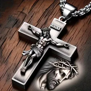 Men's Religious Necklace - Heavy-Duty Jesus Crucifix Pendant with Crown of Thorns, Christian Jewelry Gift for Christmas, Easter, Birthday - Chain for Everyday & Formal Wear, Religious Jewelry, Vintage Style, Durable Cross