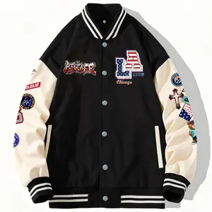 LA Badge Men's Baseball Jacket 100% Polyester Durable Colorblock Black Orange Coffee LA Badge Hat SWAG Gang-Style Graphic Print Varsity Coat Vintage Retro Classic Casual Sports Streetwear Light Fleece-Lined Winter Jacket Trendy Gift - Menswear