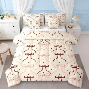 Bowknot Ribbon Bedding Set,7 Pieces,Princess Red Pink Bow-tie Dreamy Girly Comforter Set with Sheets for Kids,Cute Polka Dots Vintage Beige Bed Set,in a Bag with Pillow Covers