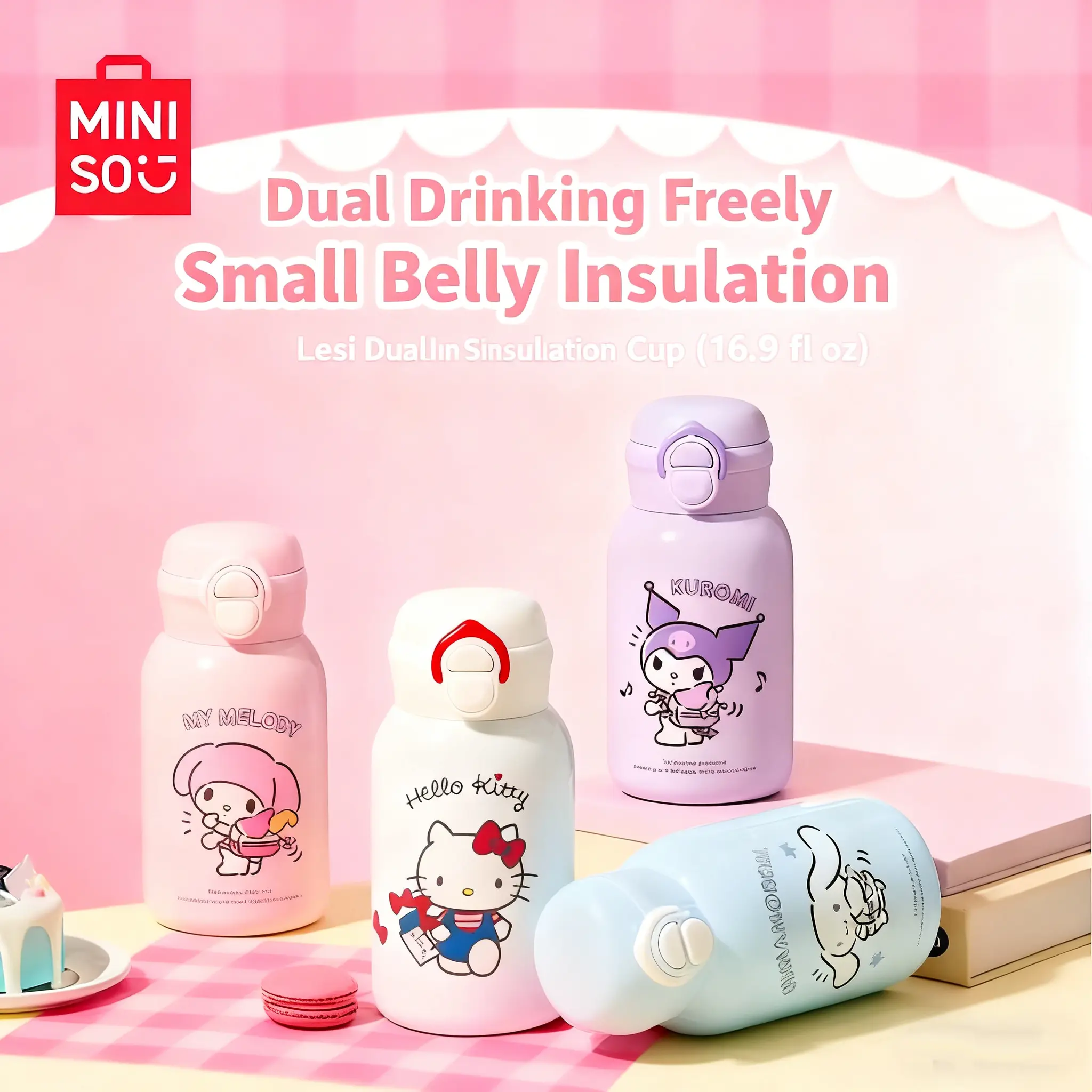 MINISO SR Vacuum Insulated Straw Water Bottle - Leakproof Tumbler, Insulated Travel Drinkware, Kawaii 500ml Portable Drinkware for Girls, School Essential, Birthday/New Year Gift (Kuromi, Hello Kitty, Melody, Cinnamoroll)