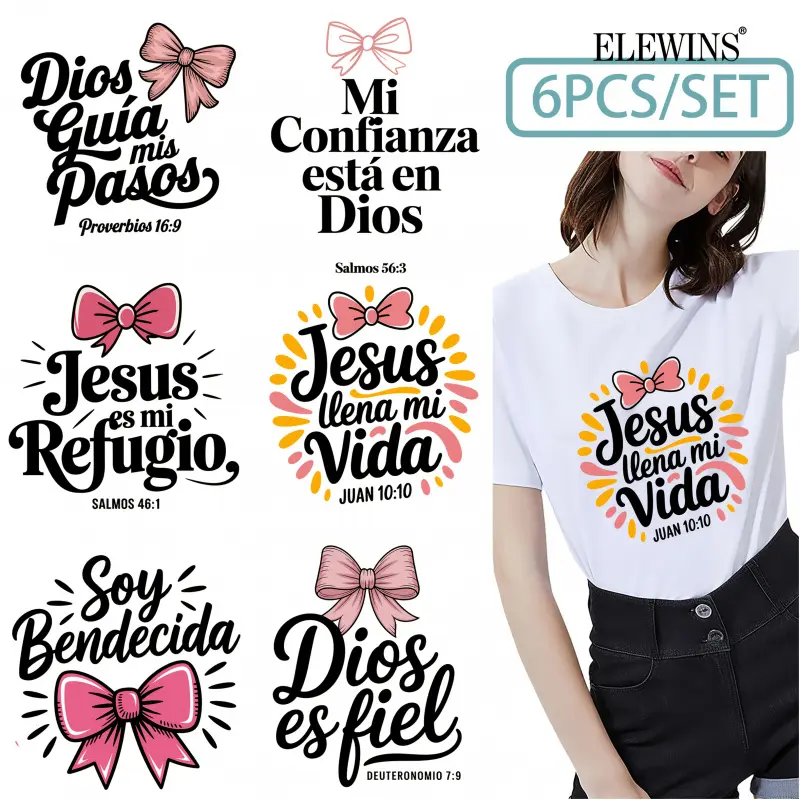 6 Spanish Bible Verse Iron-On Patches - DIY Crafts Heat Transfer Vinyl Stickers for T-Shirts, Jeans, Hats, Bags, Easy-Peel Fabric Transfer Decals, Iron-On Appliques for Holiday Costumes, Cosplay, and Fashion Design, Craft Supplies, Craft Embellishments