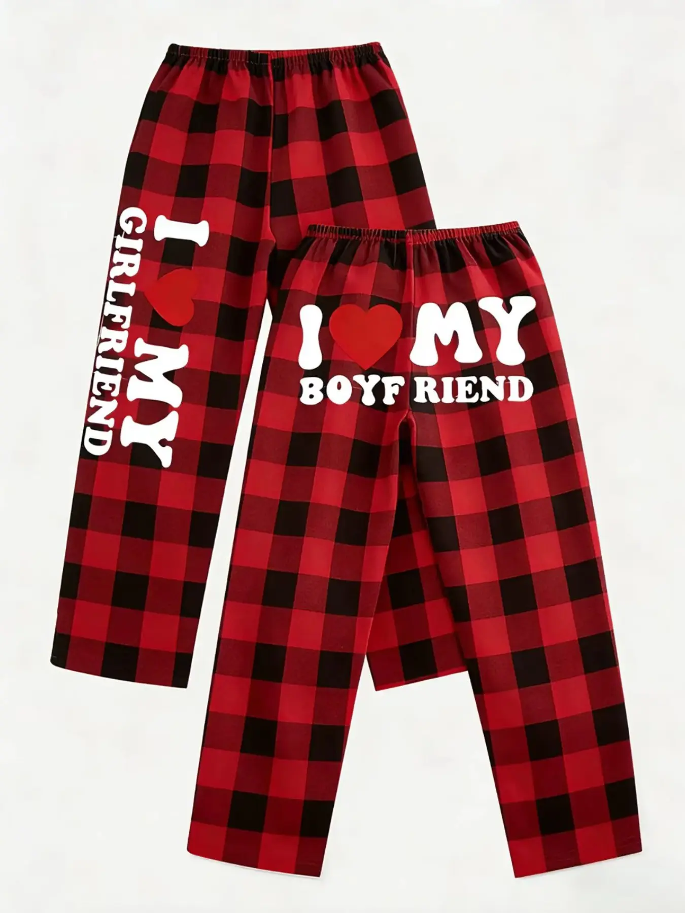 I Love My Boyfriend/Girlfriend Plaid Matching Pants - Breathable Elastic Waist Loungewear Nightwear, Viral TikTok Couple Pajama Pants, Casual Streetwear Plaid Bottoms, Red & Green Plaid Options with Vertical Print
