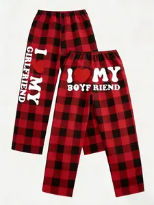 "I Love My Boyfriend/Girlfriend Plaid Matching Pants - Breathable Elastic Waist Loungewear, Viral TikTok Couple Pajama Pants, Casual Streetwear Plaid Bottoms, Red & Green Plaid Options with Vertical Print"