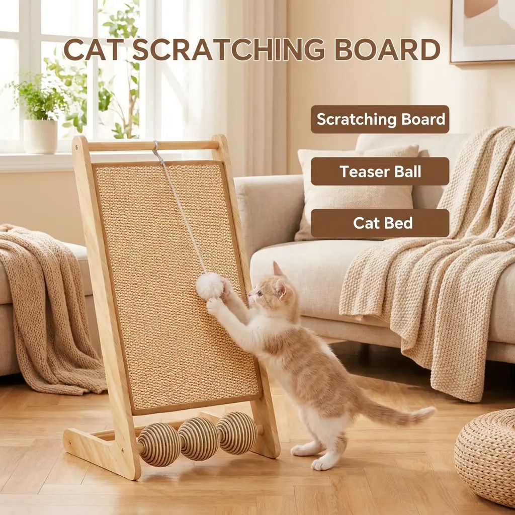 Vertical Solid Multi-Use Wooden Sisal Tear-Resistant Cat Scratcher with Teaser Ball, 3 Rolling Balls, Space-Saving Design for Scratching, Playing, Napping to Protect Your Couch