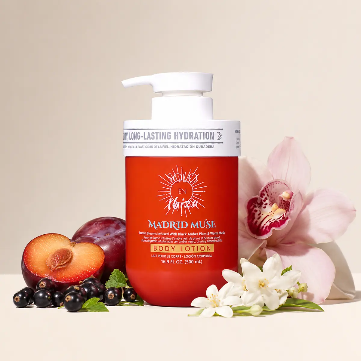 SOLO EN IBIZA Body Lotion, Madrid Muse Long-Lasting Fragrance with Plum, Jasmine & Vanilla, Lightweight & Vegan Unisex Daily Care, Cruelty Free, 16.9oz/500ml, Moisturizing, Fruit, Body Care Lotions, Daily Use, Plum Jasmin, Scented, Moisturizer, Smooth