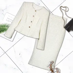 DUSHE Women's Elegant 2-Piece Fitted Set - Sparkly White Sequin Long Sleeve Crewneck Slim Small Jacket & Hip-Hugging Skirt, New Fashion Item