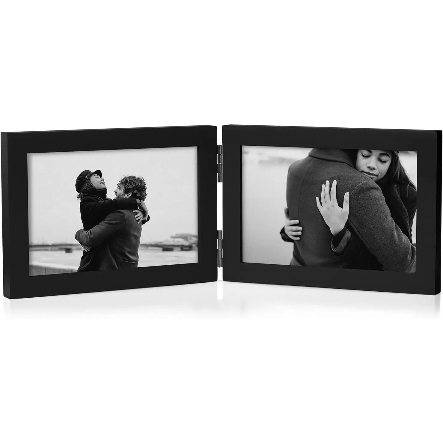 4x6 Double Horizontal Hinged Picture Frame Folding Photo Frame in Black Pine  with Real Glass for Tabletop P-HEI-2H46