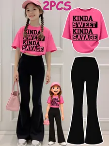 2PCS  Tween Girls Clothes T-Shirt Set  Kinda Sweet Kinda Savage Print Girl Clothes Short-Sleeved Round Neck T-Shirt Bell Bottom Pants Set Perfect For Outdoor  Kids Clothes Fashion